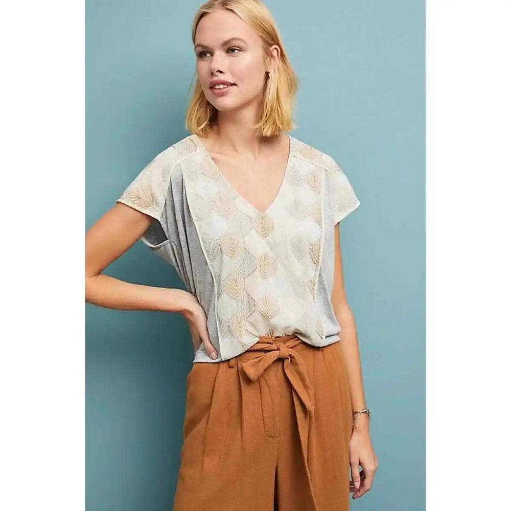 Anthropologie Womens TINY Top Gray Sea Fan Embroidered Ruched Back Sz Medium EUC